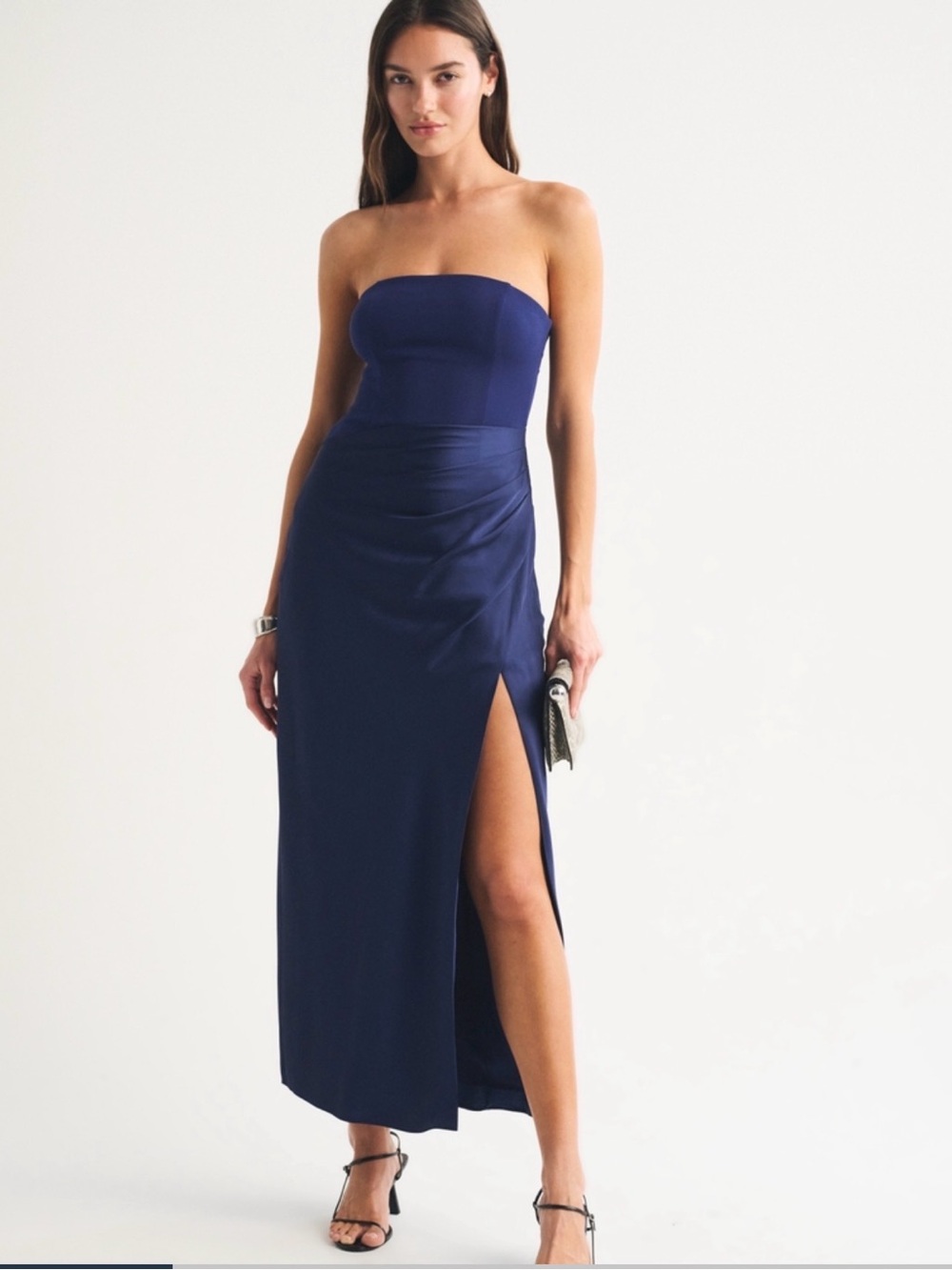 Abercrombie & Fitch Strapless Navy Column Dress with Thigh Slit